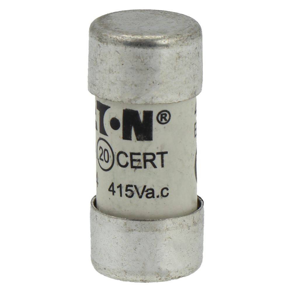 Eine zylindrische 20-Ampere-Elektrische Sicherung mit metallischen Enden, gekennzeichnet mit 'EATON CERT 415Va.c', verwendet zum Schutz elektrischer Stromkreise.