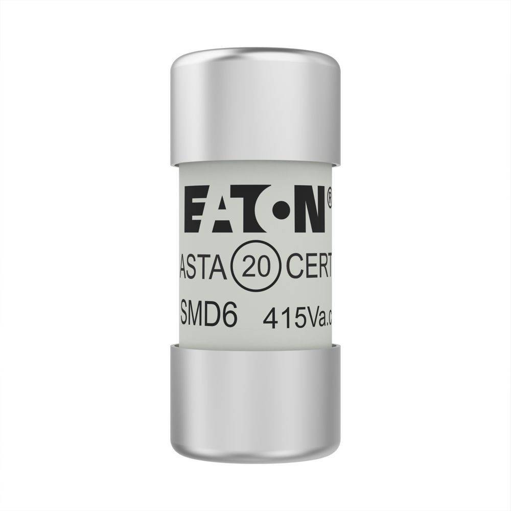 Eine silberne und weiße zylindrische Sicherung, beschriftet mit 'Eaton' und 'ASTA 20 CERT' mit den Spezifikationen 'SMD6' und '415V a.c.'.