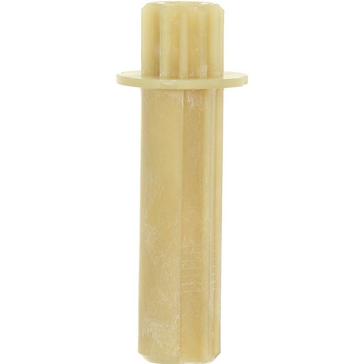 Eine beige Klempnerverbindung aus Kunststoff mit gerippter zylindrischer Form und einem Flansch nahe dem oberen Ende, die zur Rohrverbindung verwendet wird.