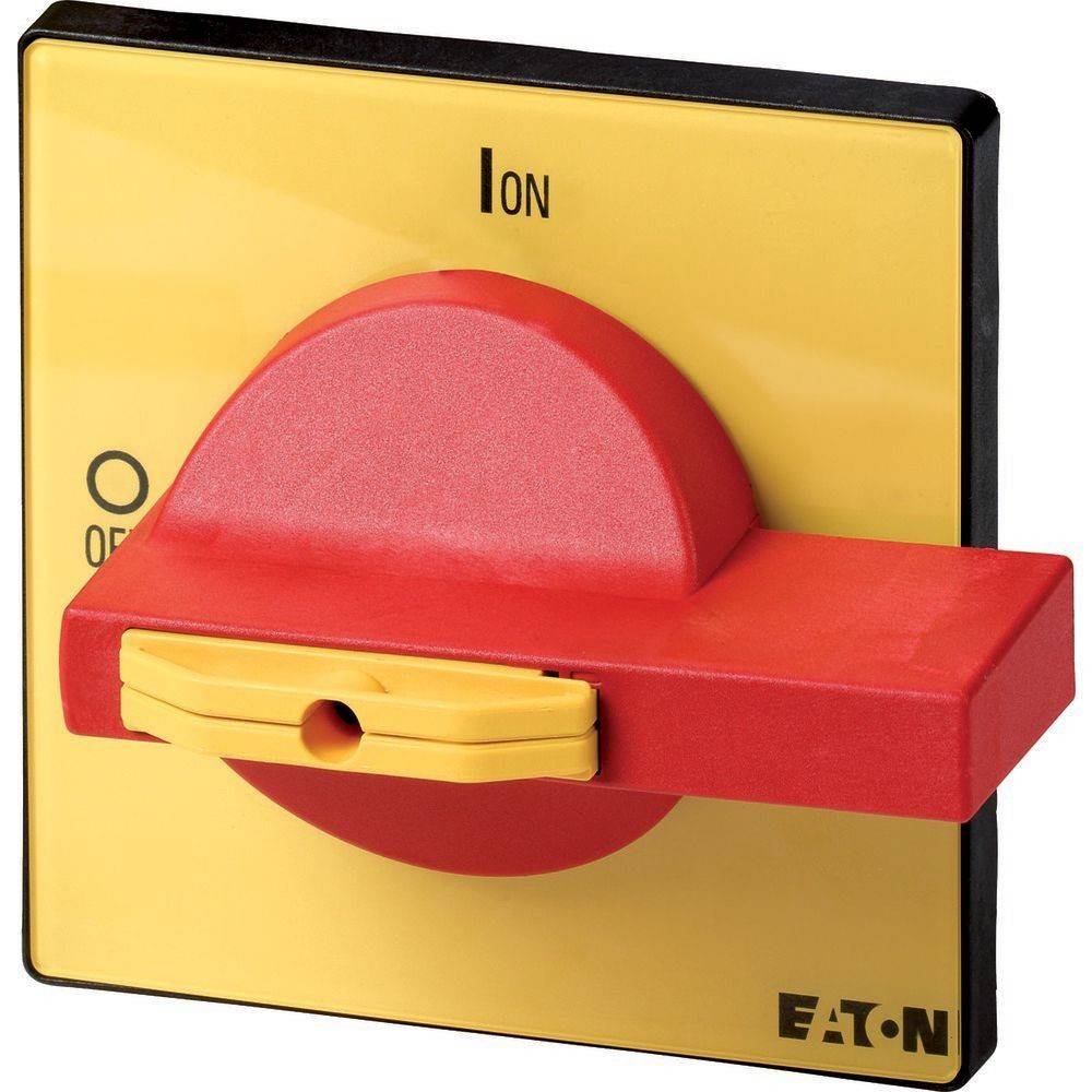 Ein gelb-roter Notausschalter in der Position 'Ein', mit der Beschriftung 'I EIN'.