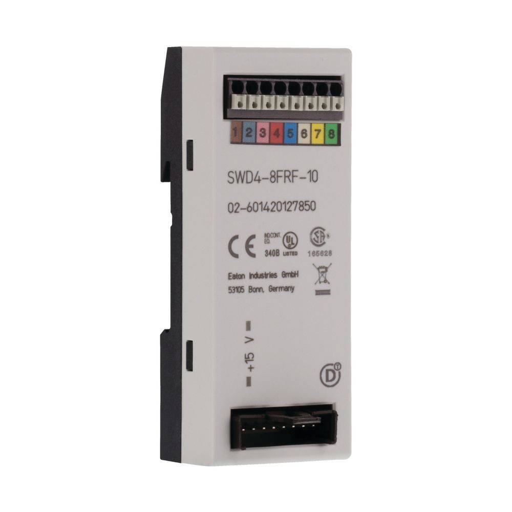 SWD4-8FRF-10 Modul von Eaton Industries GmbH mit beschrifteten Anschlüssen und Spezifikationen, einschließlich Spannungs- und Zertifizierungszeichen.