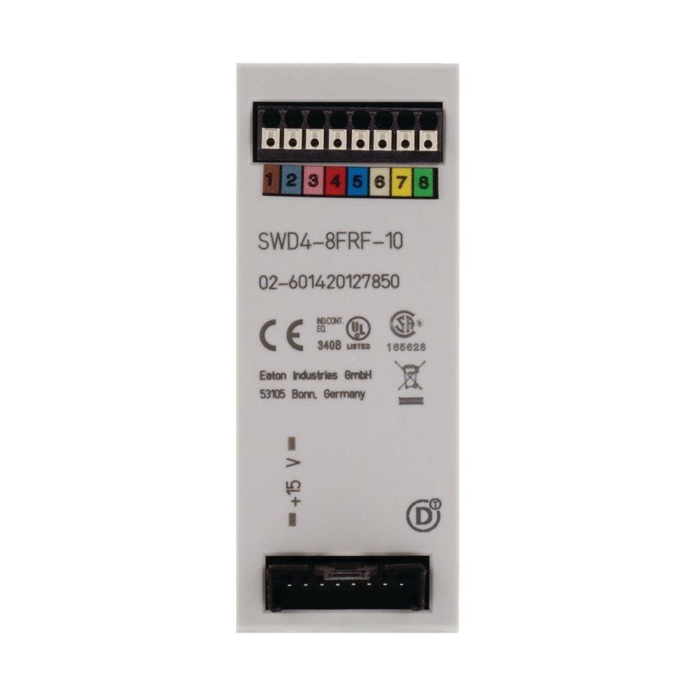 Vorderansicht eines Eaton SWD4-8FRF-10 Geräts mit Anschlussklemmen, die von 1 bis 8 beschriftet sind, sowie Spezifikationen mit Spannungsdetails.