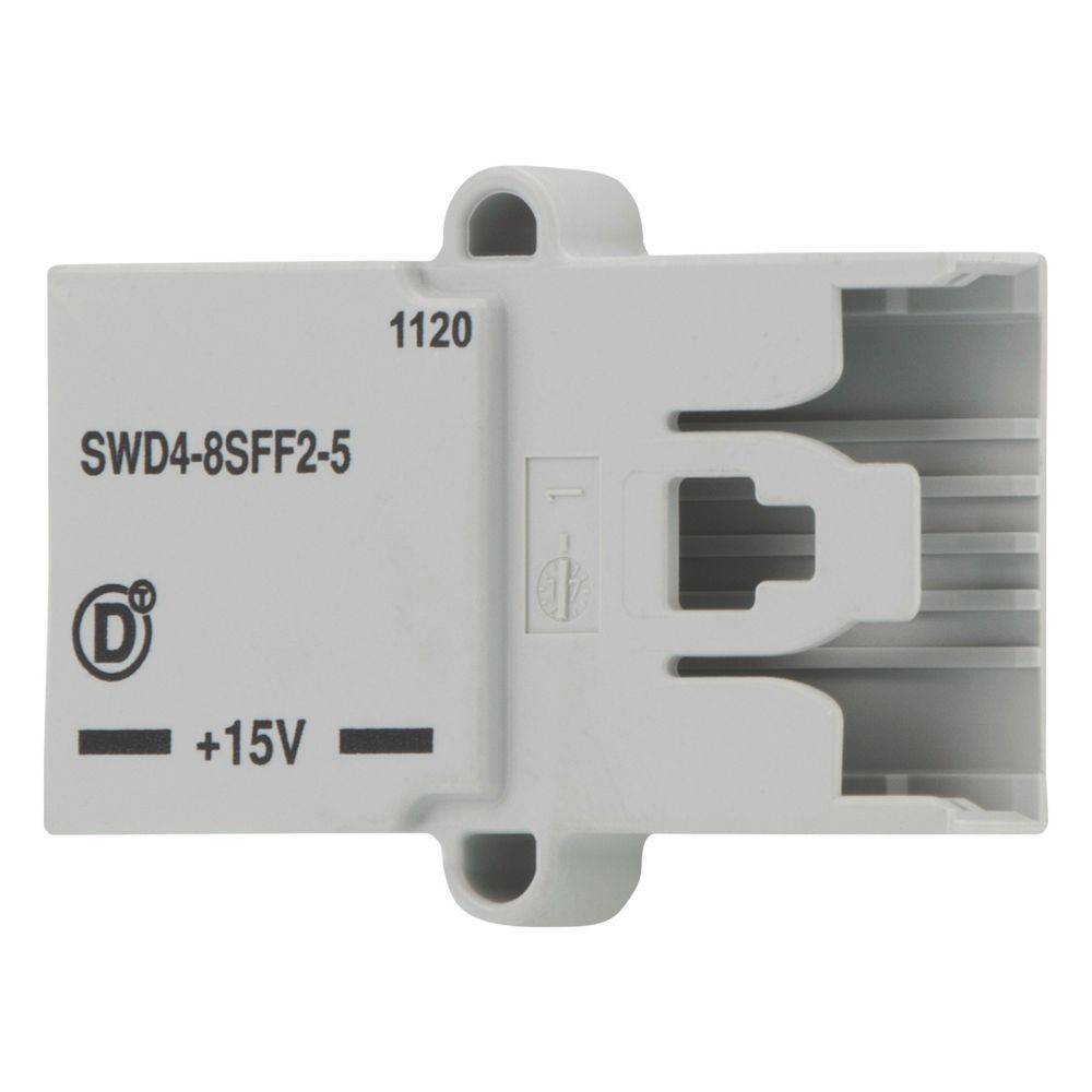 Eine elektrische Komponente mit der Bezeichnung 'SWD4-8SFF2-5' und '+15V'. Sie verfügt über eine Befestigungsklammer und wird in elektronischen Installationen verwendet.