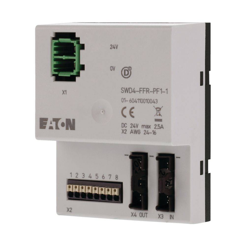 Elektronisches Steuermodul der Marke Eaton, das Anschlussports und beschriftete Eingänge für elektrische Verbindungen zeigt. Weiße, rechteckige Bauform.