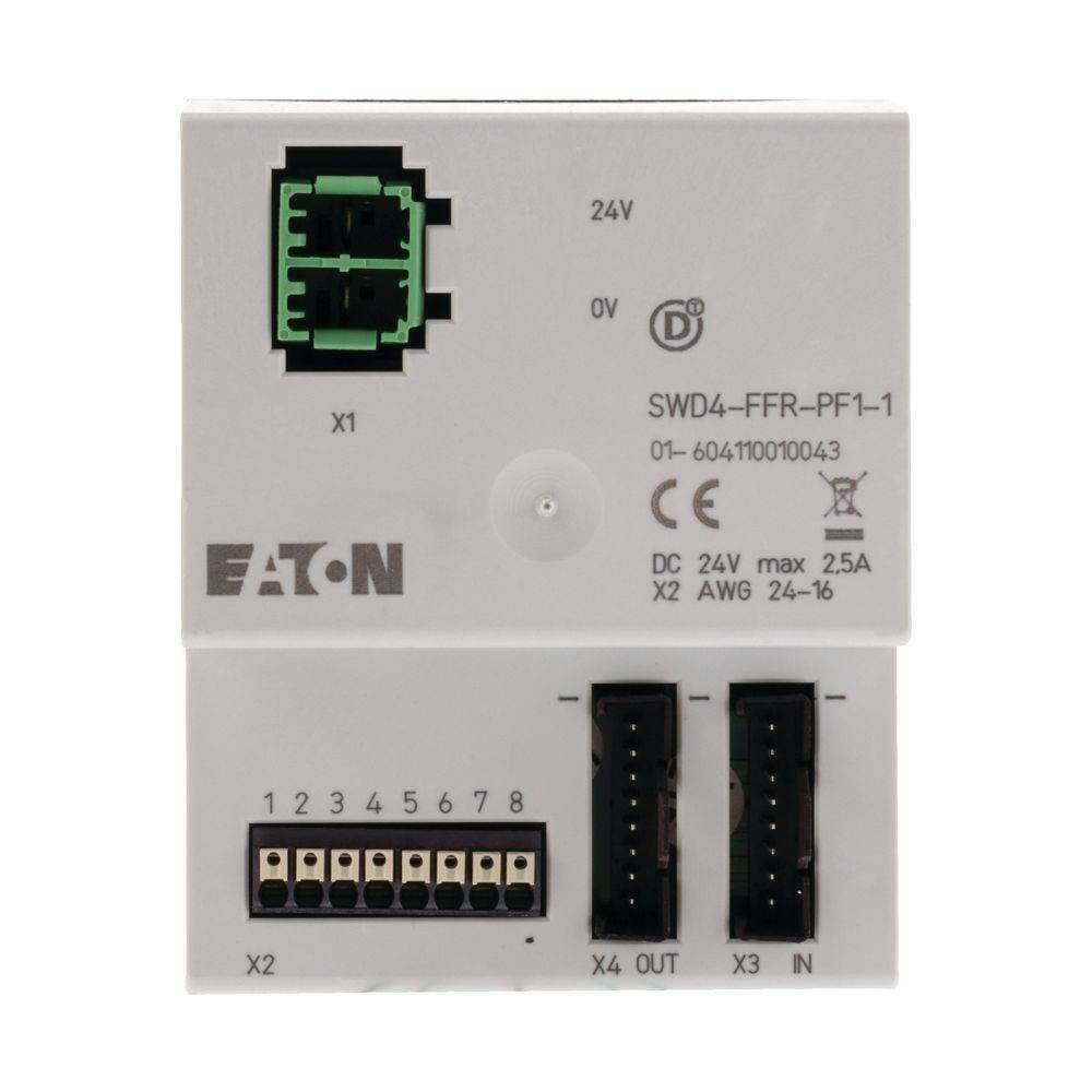 Eaton-elektronisches Gerät mit Anschlüssen und Beschriftung '24V'. Beinhaltet Anschlüsse, die mit 'X1' und 'X2' beschriftet sind, und Zertifizierungen, die darunter gedruckt sind.