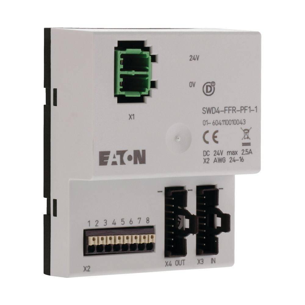 Eaton SWD4-FFR-1-1 elektrische Komponente mit Anschlussports und gekennzeichneten Details für Spannung (24V), Stromstärke und Sicherheitszertifizierungen.