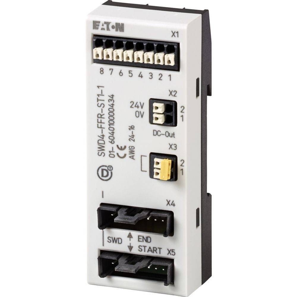 Ein kompaktes, weißes Eaton-Steuermodul mit mehreren Anschlussports, gekennzeichnet von X1 bis X5, und Schalteranzeigemarkierungen.