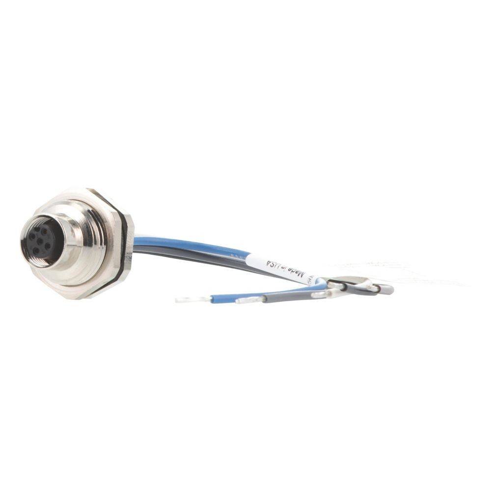Ein Metallverbinder mit mehreren Pins und angeschlossenen blauen und weißen Kabeln ragt heraus. Die Anordnung wird für elektronische Verbindungen verwendet.