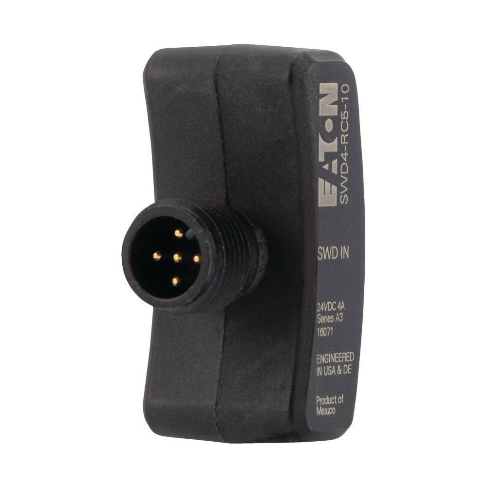 Schwarzer Eaton SWD-Stecker mit Vier-Pin-Eingang, beschriftet mit '24VDC 4A'. Text enthält 'Entwickelt in USA & DE' und 'Produkt aus Mexiko'.