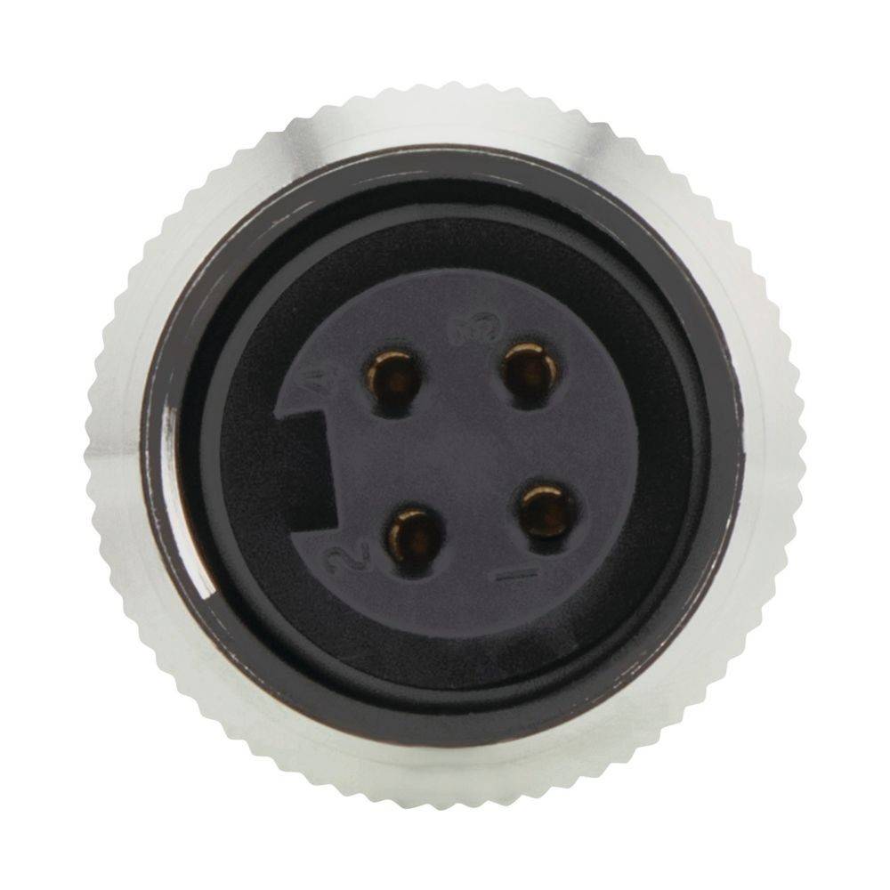 Eine Nahaufnahme einer kreisförmigen, vierpinigen Elektroverbinderbuchse, wahrscheinlich für Audioausrüstungsverbindungen verwendet. Sie hat drei gleichmäßig verteilte Stifte und einen vierten zentralen Stift.