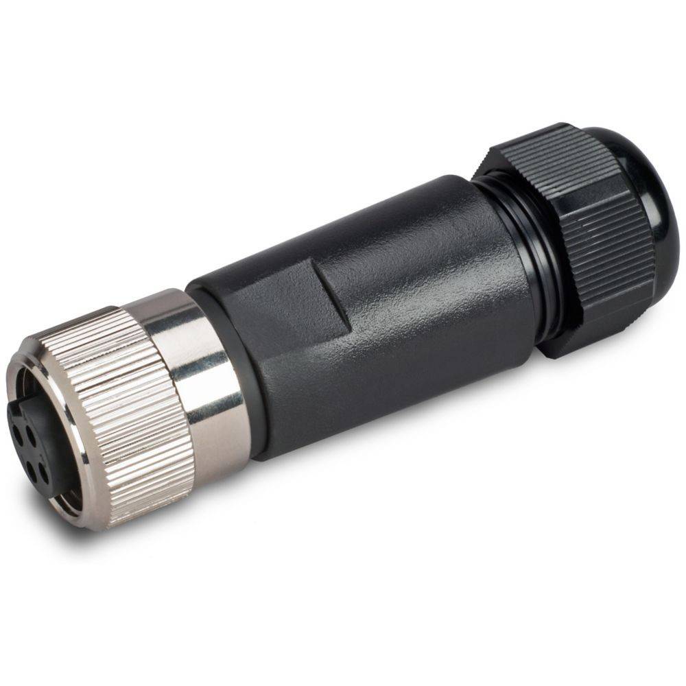 Ein schwarzer und silberner industrieller Anschluss mit zylindrischer Form und mehreren Pinholes an einem Ende, der für elektrische Verbindungen verwendet wird.