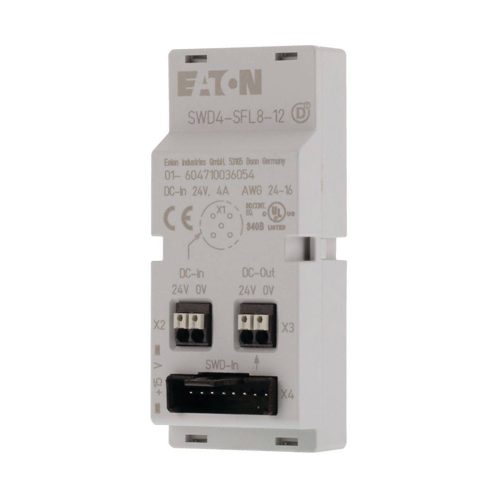Eaton' Marke elektronisches Gerät, Modell SWD4-SFL8-12, für Gleichstrom-Eingang (24V). Ausgestattet mit Anschlüssen und Statusanzeigen. Geeignet für industrielle Anwendungen.