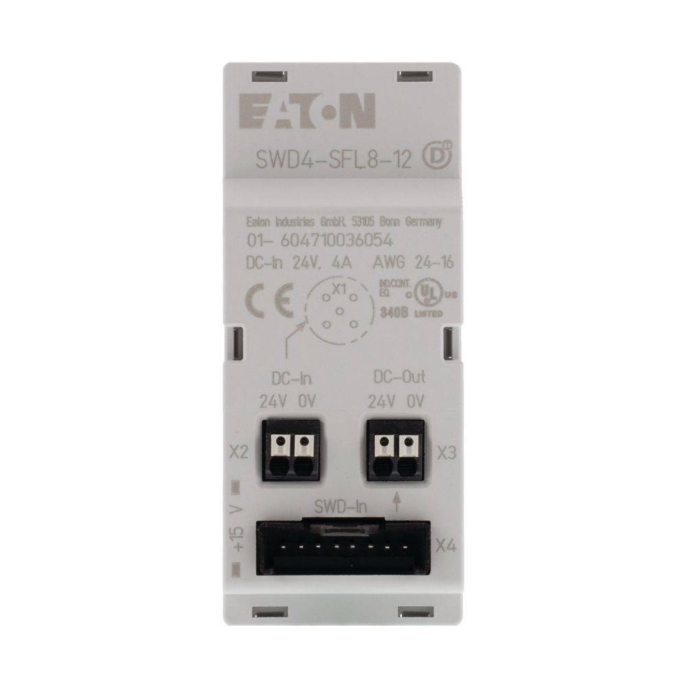 Eaton SWD4-SFL8-12', ein kompaktes industrielles Gerät mit Ein-/Ausgangsklemmen und beschrifteten Spezifikationen für elektrische Anschlüsse.