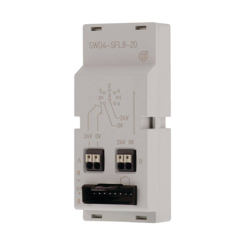 Ein weißes elektronisches Modul mit beschrifteten Eingangs- und Ausgangsklemmen für 24V-Anschlüsse, versehen mit Diagramm und Modellnummer 'SWD4-SFL8-20'.