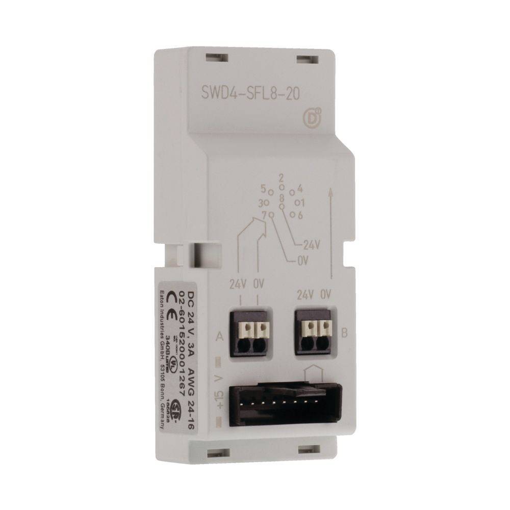 Elektrische Komponente mit der Bezeichnung 'SWD4-SFL8-20', mit Anschlussklemmen und Spezifikationen von 24V/0V. CE-gekennzeichnet.