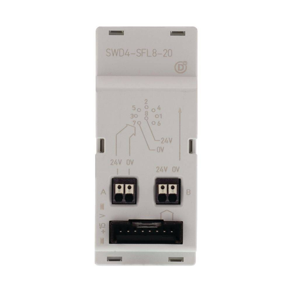 Eaton SWD4-SFL8-20-Modul mit Verdrahtungsdiagramm auf der Vorderseite, ausgestattet mit zwei 24V-Anschlüssen und Eingangsbuchsen mit den Bezeichnungen A und B.