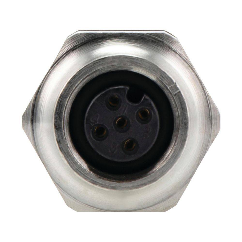 Ein Metallverbinder mit einer kreisförmigen Oberfläche, der sechs kleine Stifte in einer kreisförmigen Anordnung aufweist und für elektromechanische Verbindungen verwendet wird.