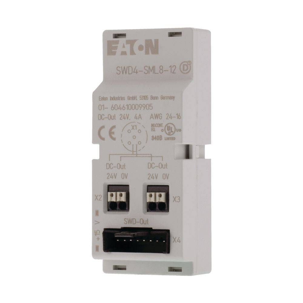 Eaton SWD4-SML8-12' industrieller Switch mit DC-Ausgangsanschlüssen, gekennzeichnet mit 24V, 0V. Text zeigt Spannungs- und Stromspezifikationen.