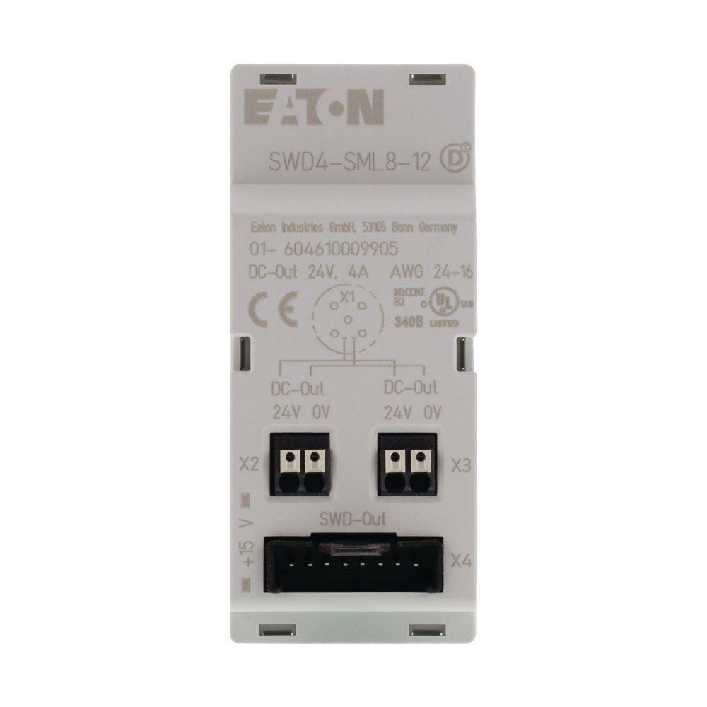 Eaton SWD4-SML8-12 Gerät mit Gleichstrom-Ausgangsanschlüssen, Modell und Spezifikationen einschließlich 24V Ausgang, 4A und AWG 24-16 Details