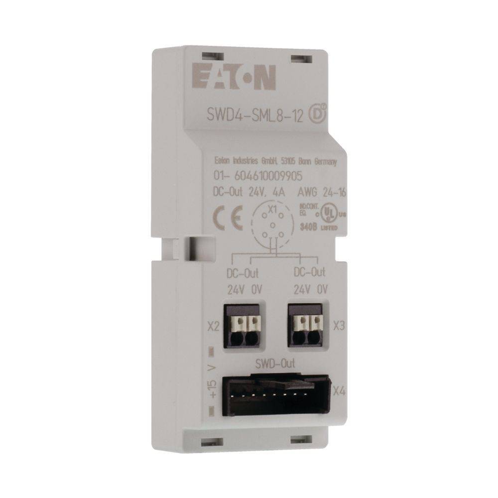 Eaton SWD4-SML8-12' Beschriftung auf einem weißen Gerät mit Anschlüssen, die mit 'DC-Ausgang 24V 0V' gekennzeichnet sind.