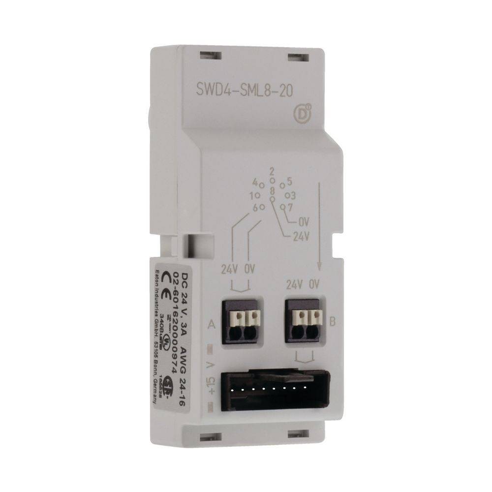 Ein weißes elektronisches Gerät mit der Bezeichnung 'SWD4-SML8-20' mit Anschlüssen, die mit '24V' und '0V' gekennzeichnet sind. Es verfügt über ein Schaltschema und Text, die elektrische Verbindungen anzeigen.