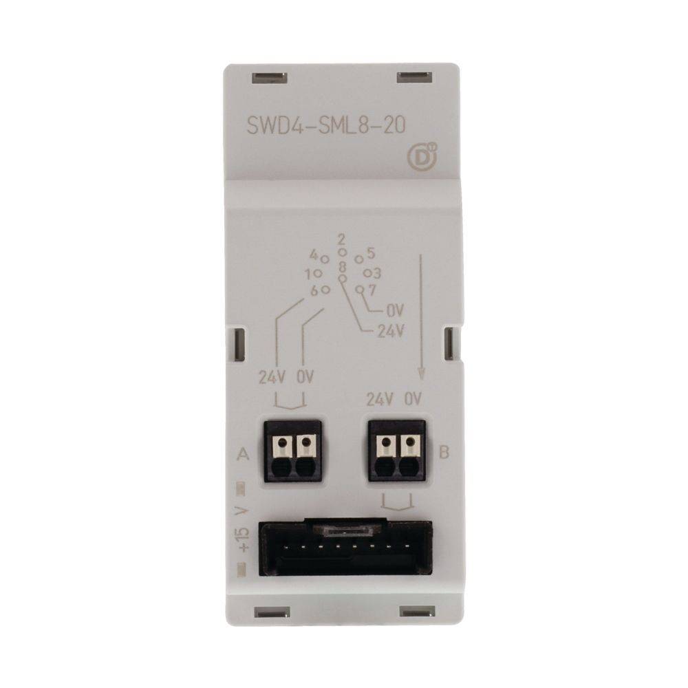 SWD4-SML8-20'-Modul mit zwei Reihen von Anschlüssen und gekennzeichneten Spannungseinstellungen; verwendet für elektrische Verbindungen und Konfigurationen.