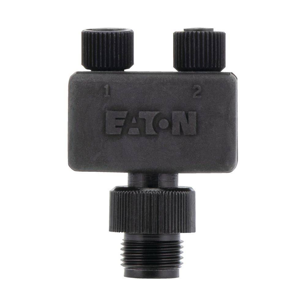 Ein T-förmiger schwarzer elektrischer Verbinder mit zwei oberen Schrauben, beschriftet mit '1' und '2', und einem Gewinde am unteren Ende. Das 'EATON' Logo befindet sich in der Mitte.