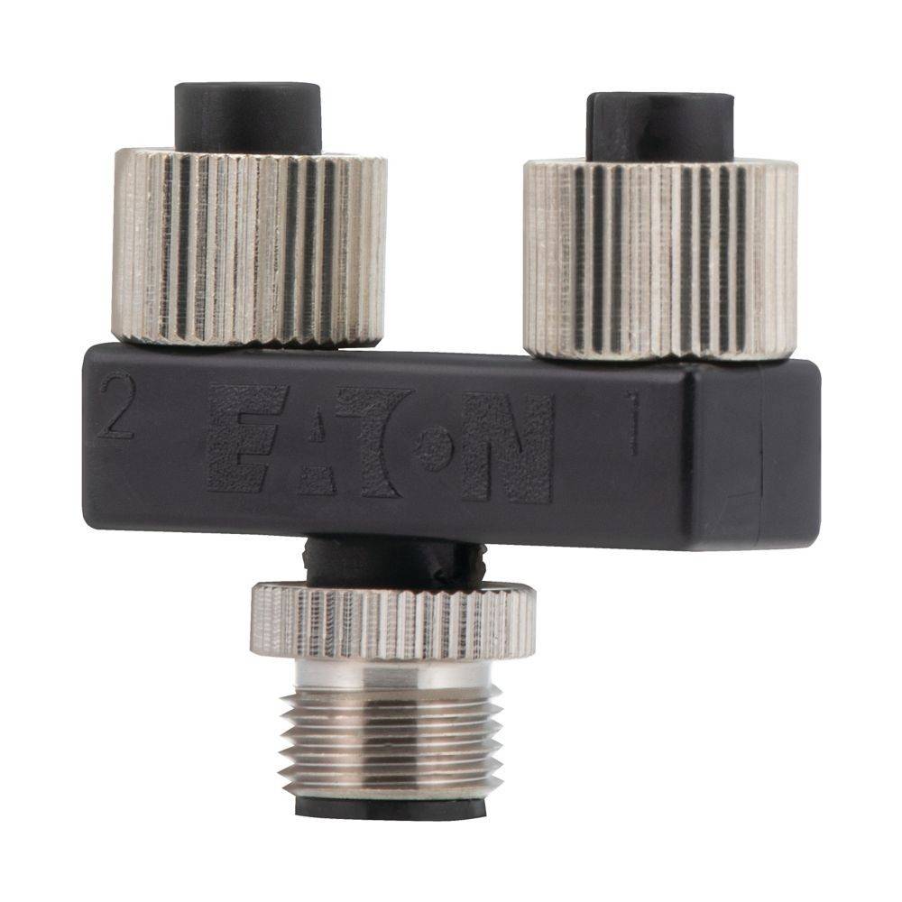 Eine schwarze industrielle Komponente mit zwei metallischen Knöpfen oben und einem Gewindemetallverbinder unten, seitlich mit der Bezeichnung 'EATON' versehen.