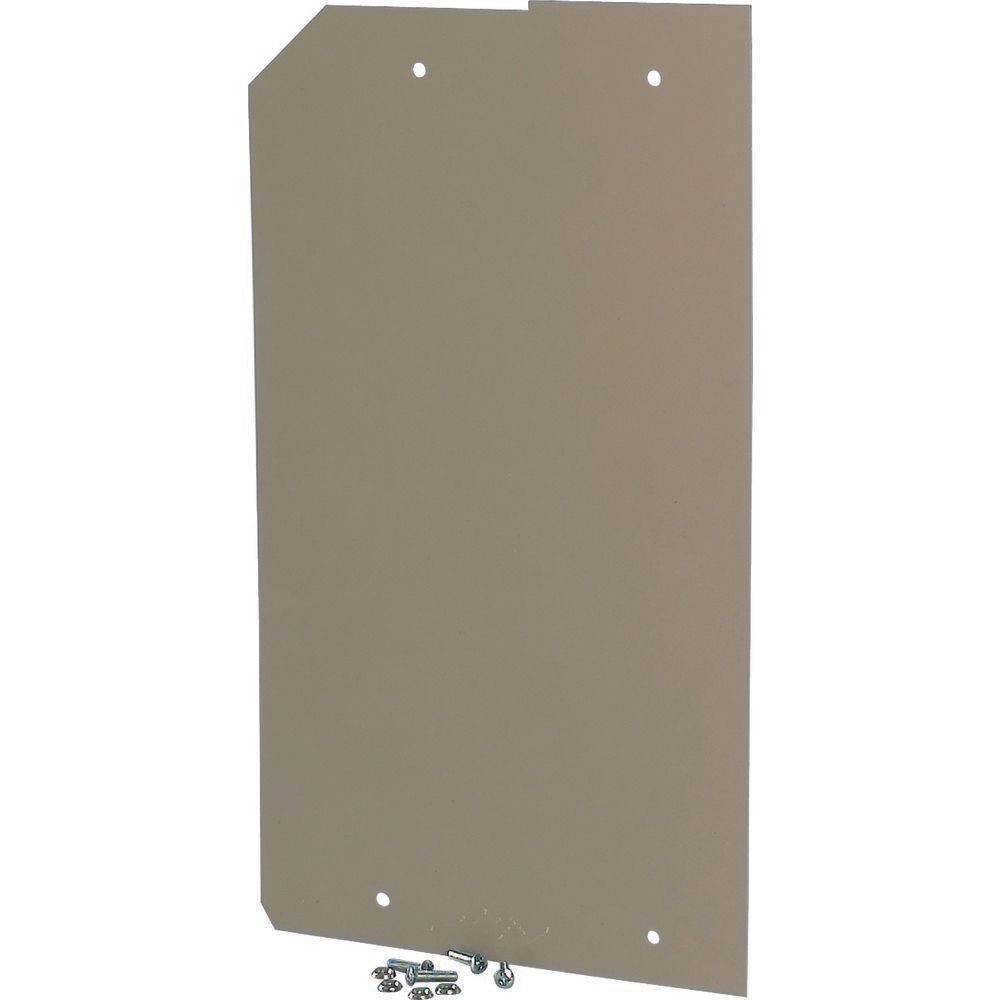 Eine beige Metallplatte mit vier Ecklöchern und Eckausschnitt; enthält kleine Schrauben in der Nähe für Montage oder Installation.