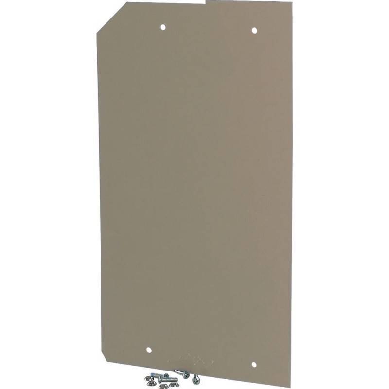 Rechteckige beige Metallplatte mit einer abgeschnittenen Ecke und vier Löchern. Vier Metallschrauben sind unterhalb der Platte platziert.
