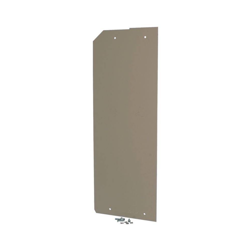 Beige Metallwandpaneel mit vier Befestigungslöchern und dazugehörigen Schrauben, die unterhalb platziert sind.