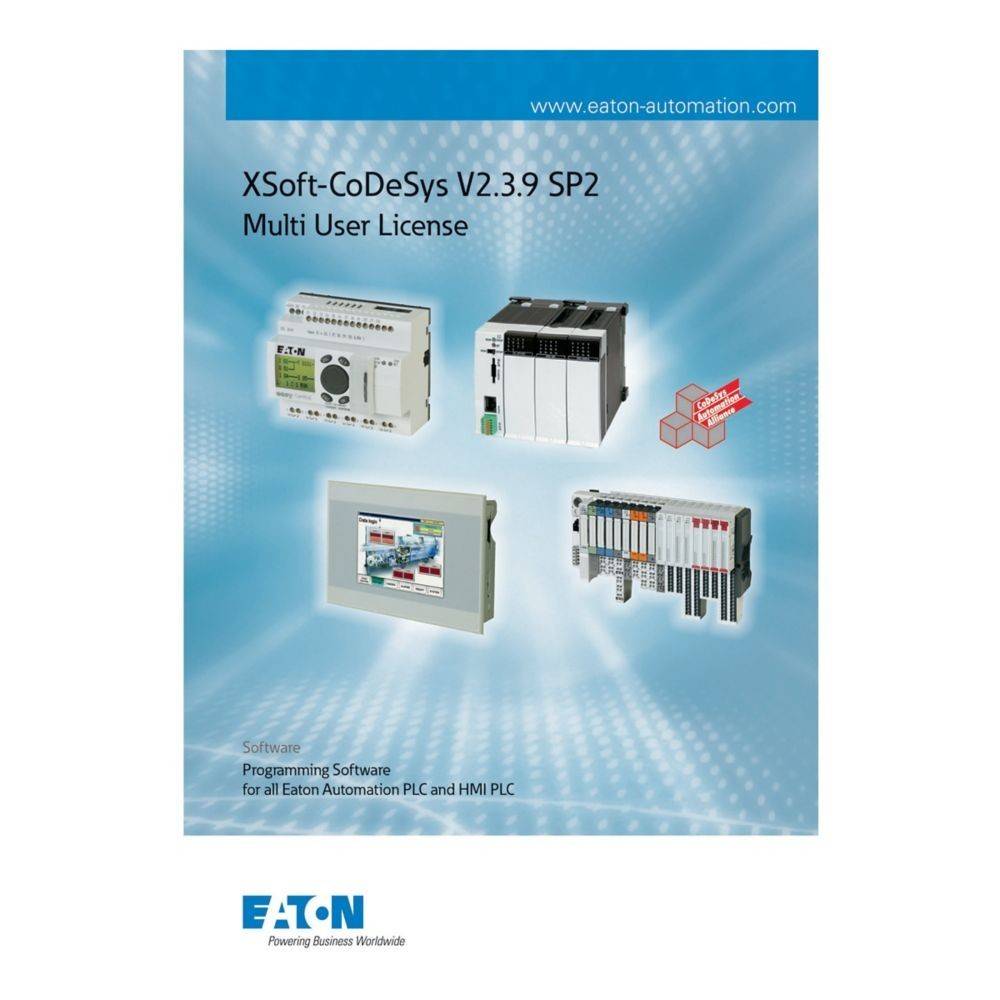 Titelbild für 'XSoft-CoDeSys V2.3.9 SP2 Mehrbenutzer-Lizenz' von Eaton. Zeigt Produktabbildungen im Zusammenhang mit Eaton-Automatisierungssoftware.