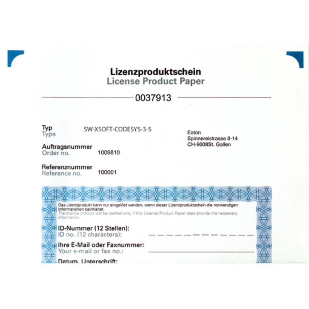 Lizenzprodukt-Dokument mit Typ 'SW-XSOFT-CODESYS-3-S', Nummer '0037913', enthält Bestellinformationen, Referenznummern und ID-E-Mail-Anweisungen.