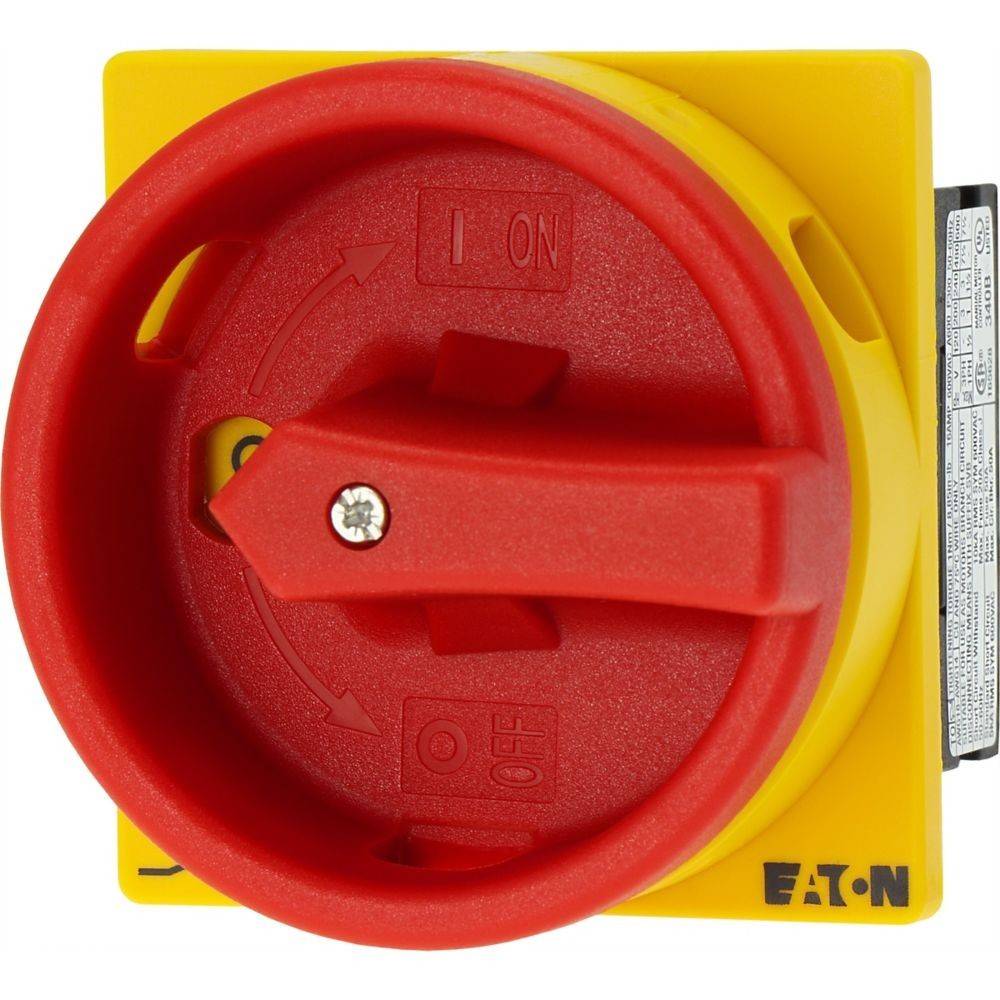 Ein roter Drehschalter auf einem gelben Untergrund mit 'EIN'- und 'AUS'-Positionen, der zur Steuerung der Stromversorgung für elektrische Geräte verwendet wird.