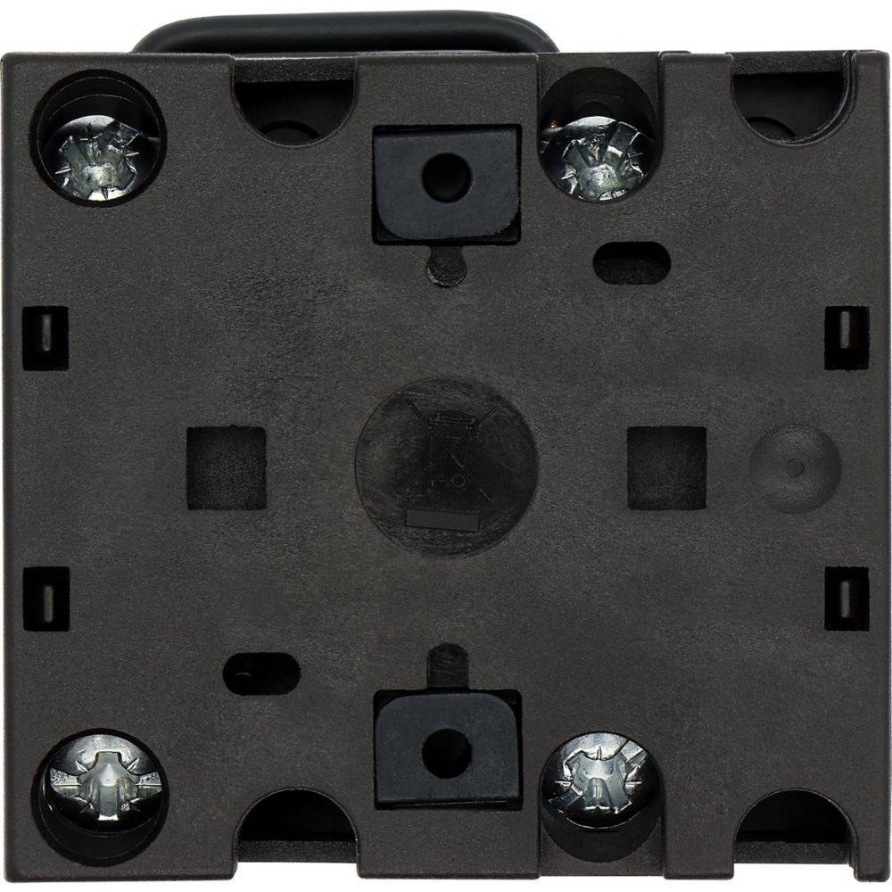 Eine schwarze elektrische Komponente mit vier Schrauben, die an den Ecken sichtbar sind, und einem zentralen Befestigungsmechanismus, die höchstwahrscheinlich Teil einer größeren Baugruppe ist.
