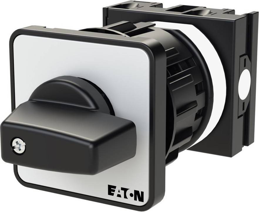 Drehschalter mit schwarzem Griff und quadratischer silberner Frontplatte, mit der Markenbezeichnung 'Eaton'. Wird zur Steuerung von Stromkreisen in elektrischen Schaltschränken verwendet.