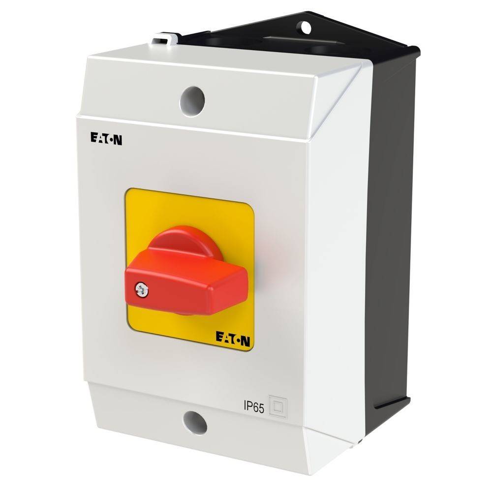 Eine weiße Schalterdose mit einem roten und gelben Drehgriff. Mit der Kennzeichnung 