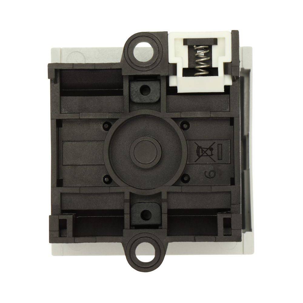Rückansicht einer beigen elektrischen Schalter-Steckdosen-Mechanik, die Feder und Befestigungslöcher zeigt.