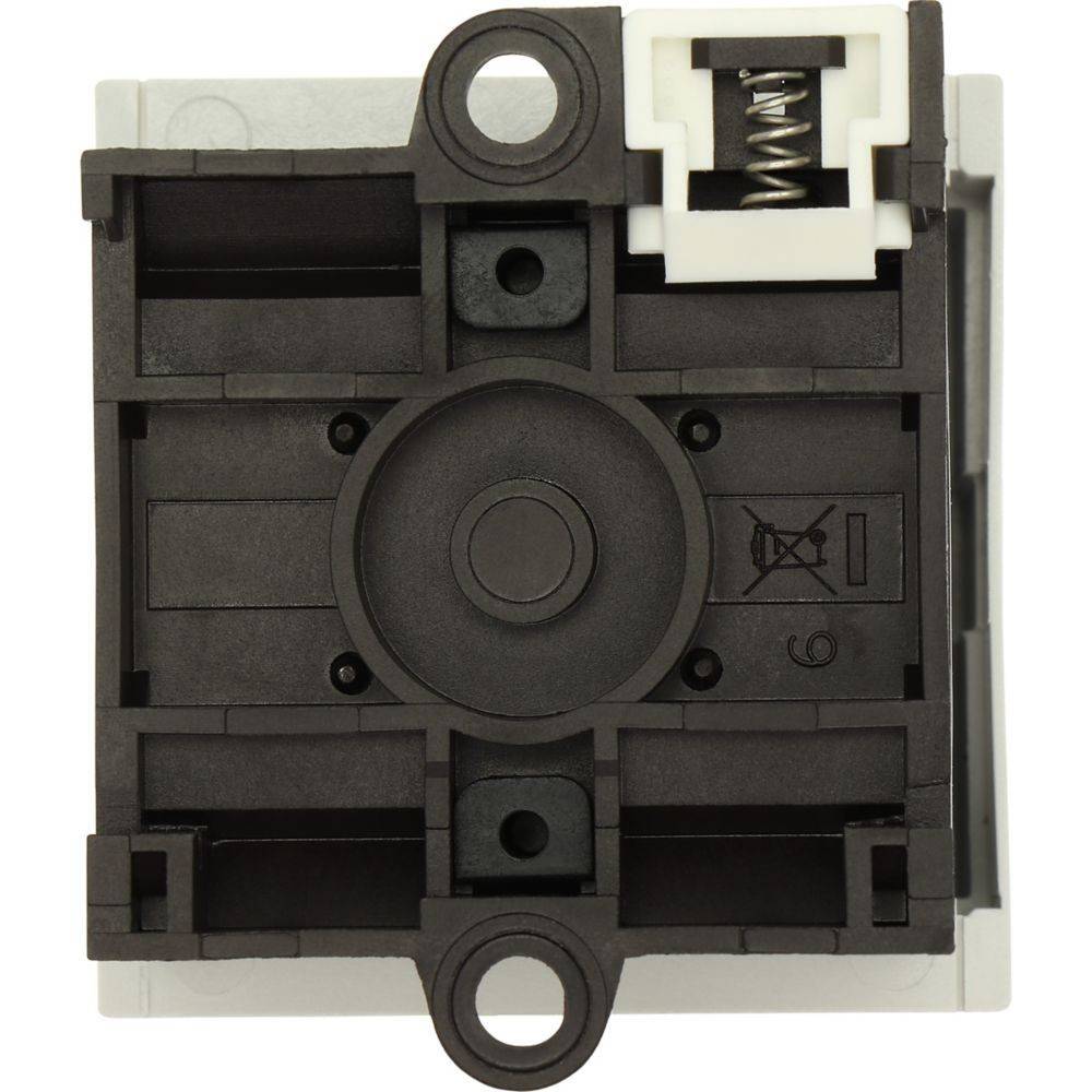 Nahaufnahme eines mechanischen Tastaturschalters, der sein schwarzes Gehäuse, den zentralen Federmechanismus und die Anschlüsse zur Anbindung an die Leiterplatte zeigt.