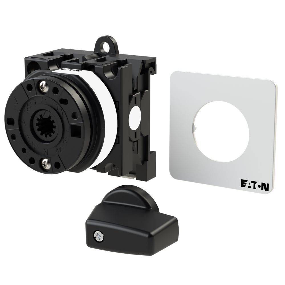 Elektrisches Gerät mit modularen Komponenten, bestehend aus einem Drehschalter, einer quadratischen Montageplatte mit der Beschriftung 