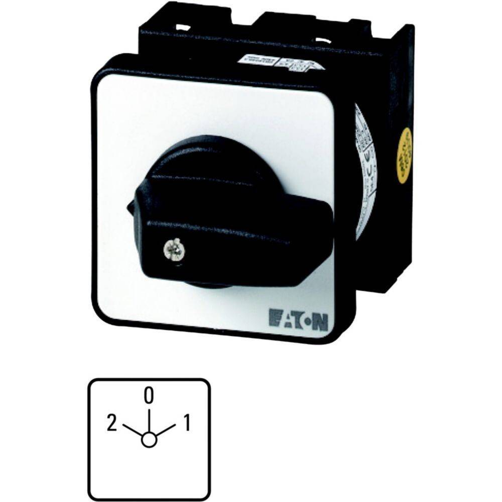 Umschalter mit drei Positionen: 0 (aus), 1 und 2, verwendet zur Auswahl verschiedener elektrischer Schaltkreise. Markenlabel: Eaton.