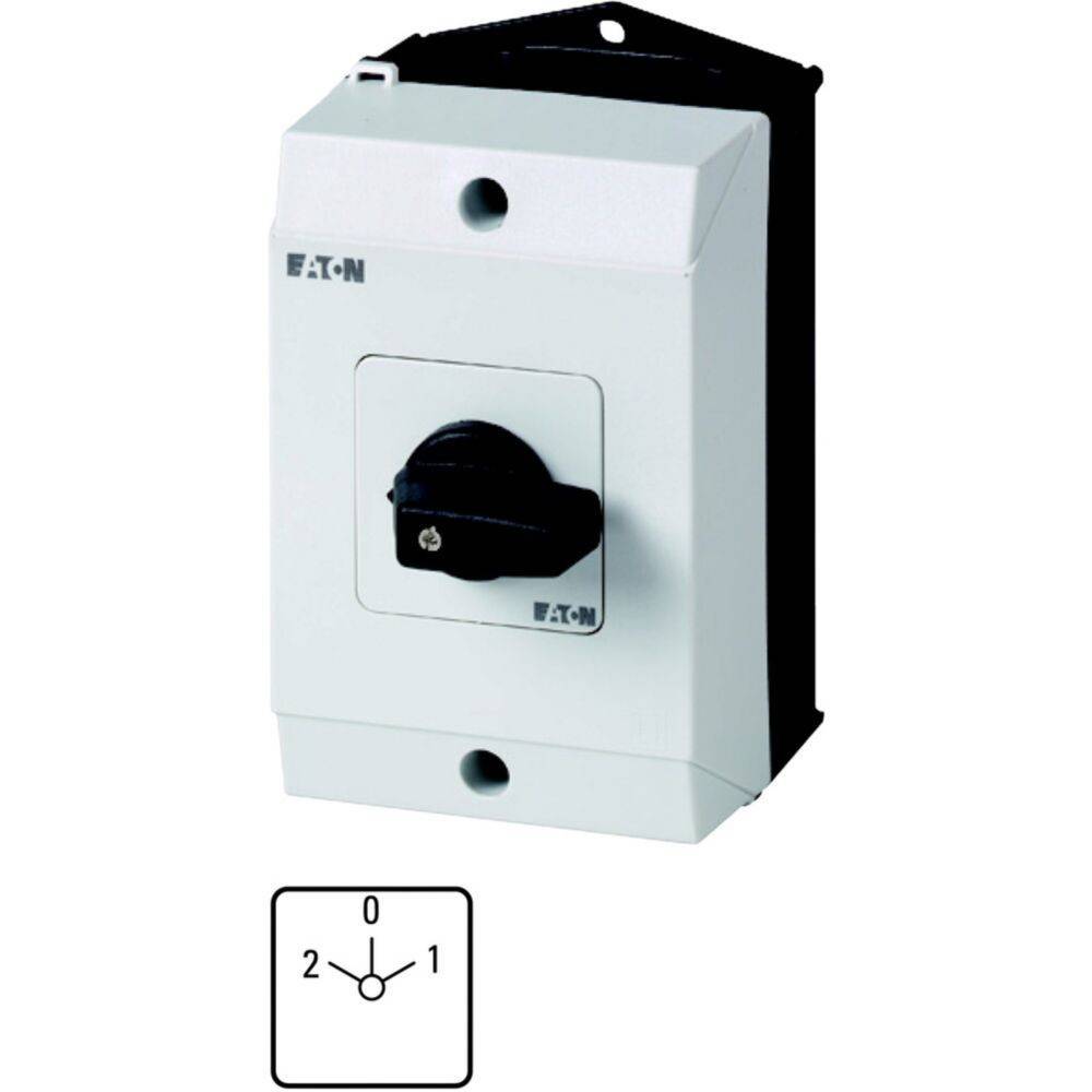 Weiße und schwarze elektrische Schaltereinheit mit Drehschalter. Die Einstellungen des Schalters sind mit 0, 1 und 2 beschriftet, darunter befindet sich ein schematischer Vier-Positionen-Schalter.