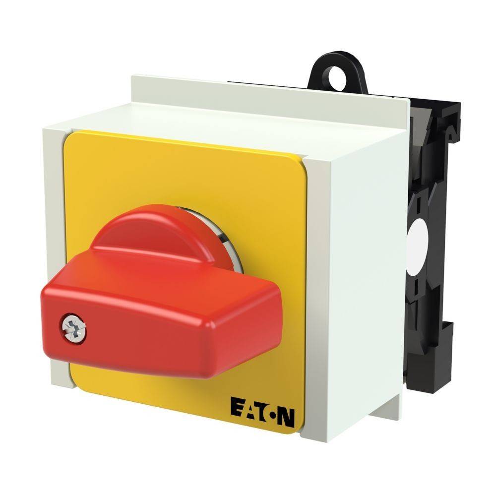 Ein roter Drehschalter mit einem gelben Sockel, der mit ‚Eaton' beschriftet ist, auf einer grauen Box. Für die Steuerung industrieller Ausrüstung, wandmontierte Bauweise.