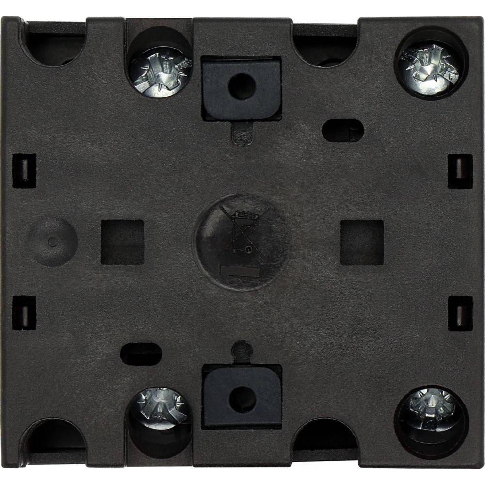 Eine schwarze, quadratische Montageklammer mit vier sichtbaren Schrauben an jeder Ecke, die zur Befestigung von elektrischen Komponenten an Oberflächen verwendet wird.