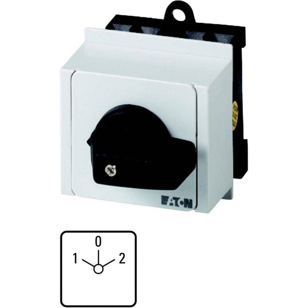Ein quadratischer industrieller Wahlschalter mit einem schwarzen Drehwahlschalter, der mit den Positionen '0', '1' und '2' gekennzeichnet ist. Die Marke 'EATON' ist sichtbar.