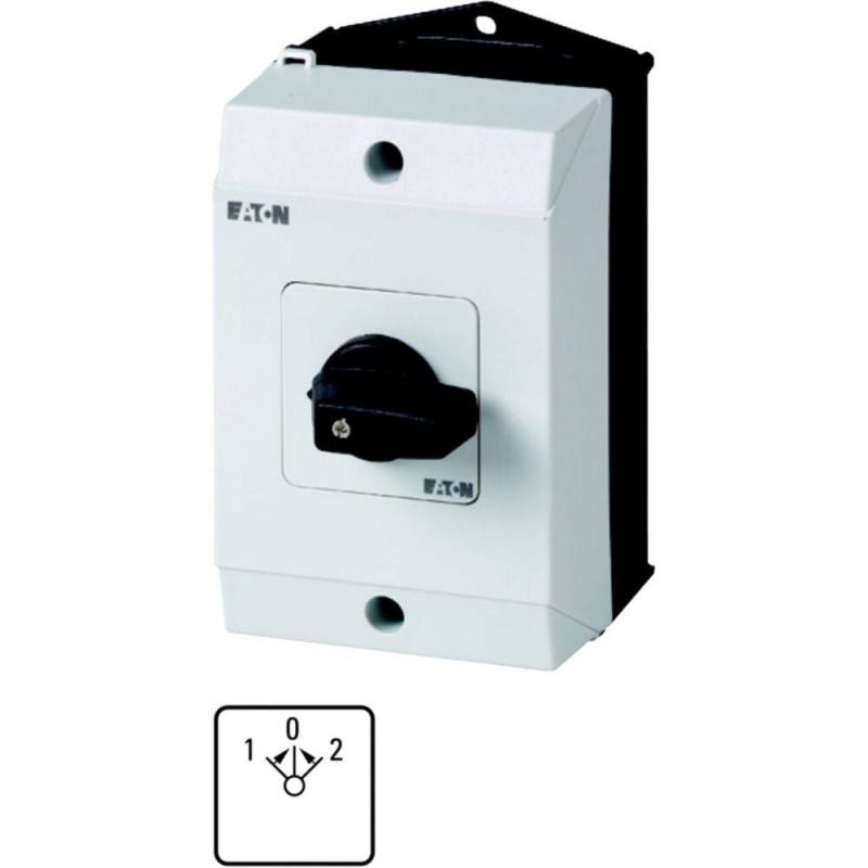 Ein wandmontierter elektrischer Schalter mit einem Drehknopf und Positionen, beschriftet mit 0, 1 und 2.