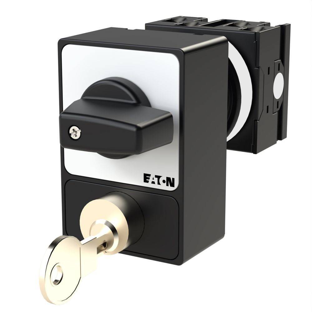 Ein schwarzer Rotary-Schalter mit Schloss, in den ein Schlüssel eingesteckt ist, mit dem Markennamen 'Eaton'. Der Schalter ist über dem Schlössmechanismus positioniert.