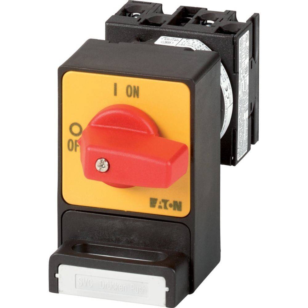 Ein roter kreisförmiger Schalter auf einem schwarz-gelben Panel; oben mit 'EIN' und unten mit 'AUS' beschriftet; Teil eines elektrischen Geräts.