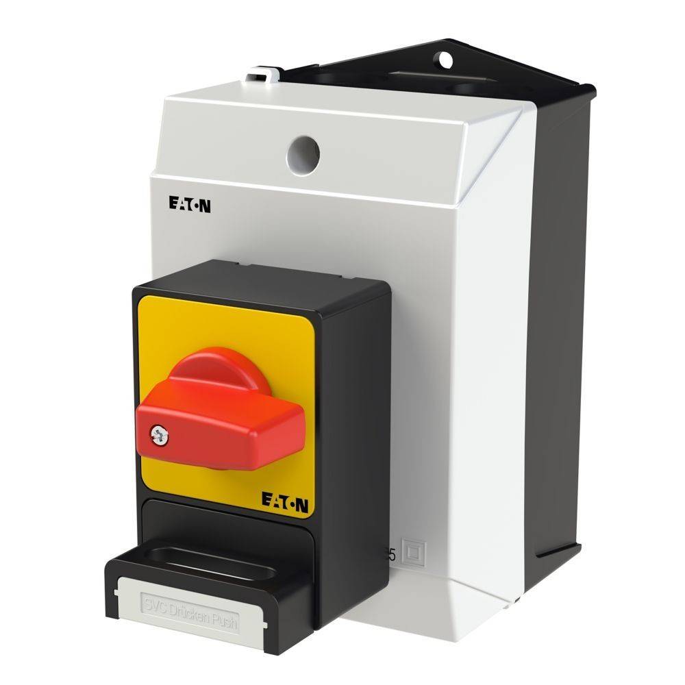 Ein weißer und grauer industrieller Schalter mit einem roten Hebel, beschriftet mit 'EATON'.