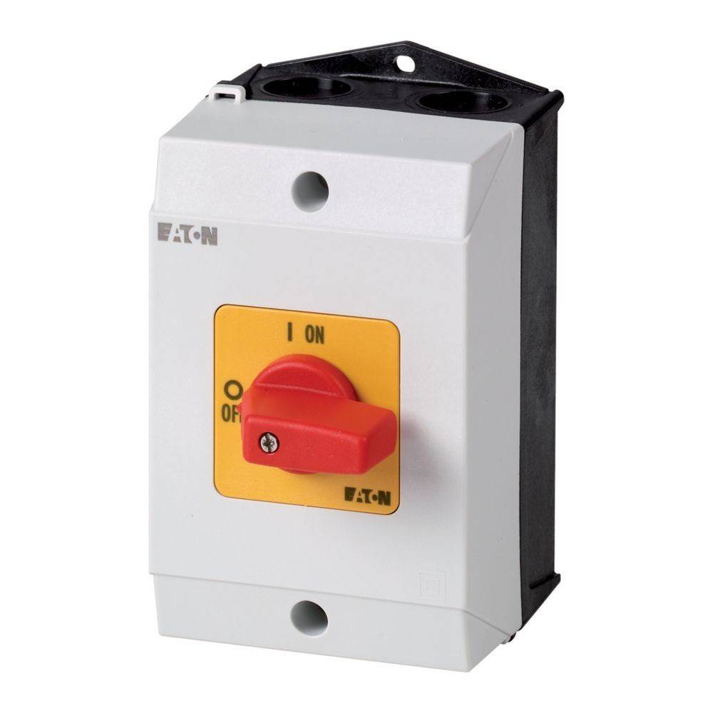 Elektrischer Schalter mit einem roten Hebel in der 'EIN'-Position auf einem gelben Panel, montiert auf einer weißen rechteckigen Box.